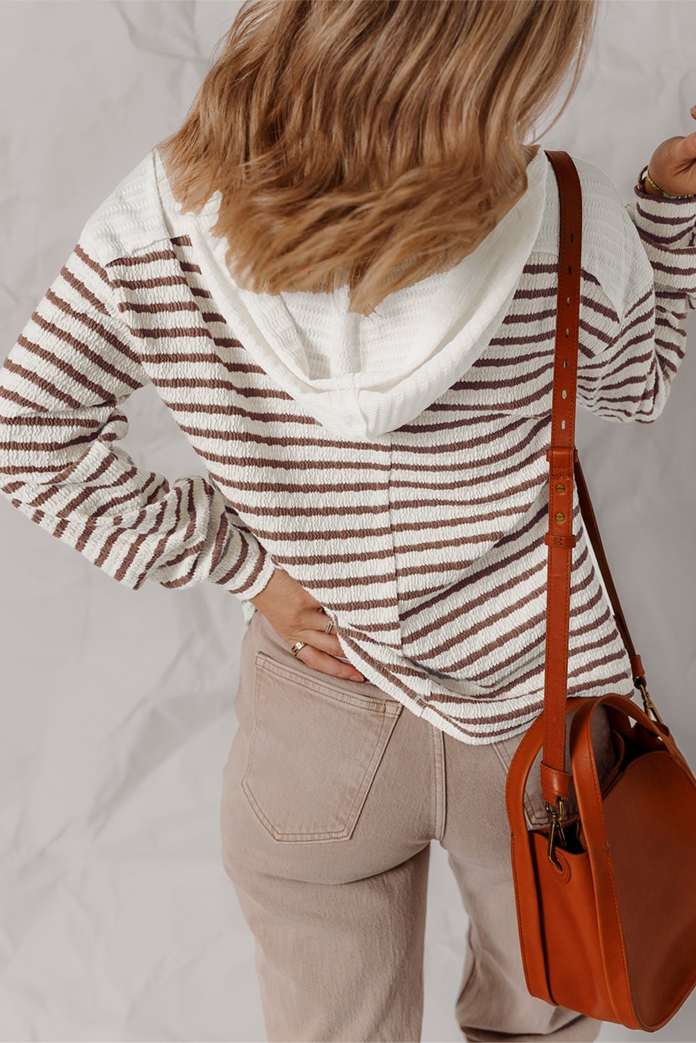 Khaki Stripe Textured Hooded Long Sleeve Top - MAD RUFFI