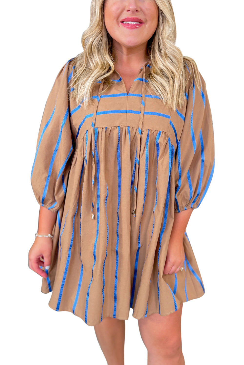 Khaki Stripe Tie Neck Plus Size Mini Dress - Plus Size Dresses