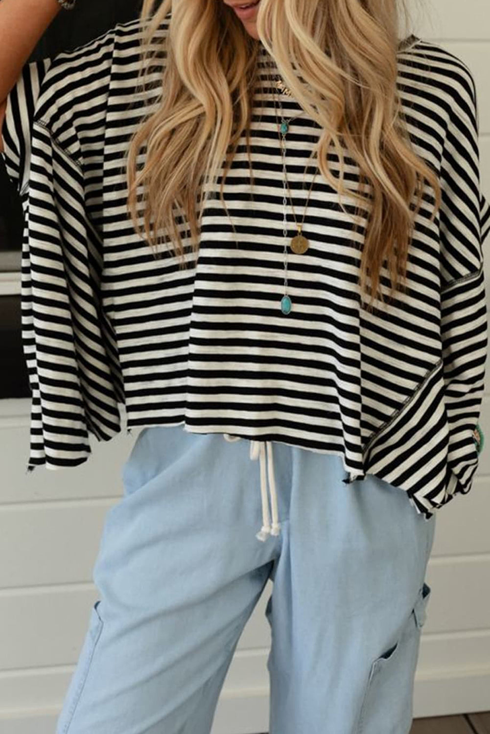 Khaki Striped Batwing Sleeve Oversized Top - Black Stripe / S - Oversized T Shirt