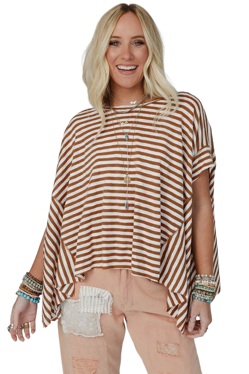 Khaki Striped Batwing Sleeve Oversized Top - Oversized T Shirt