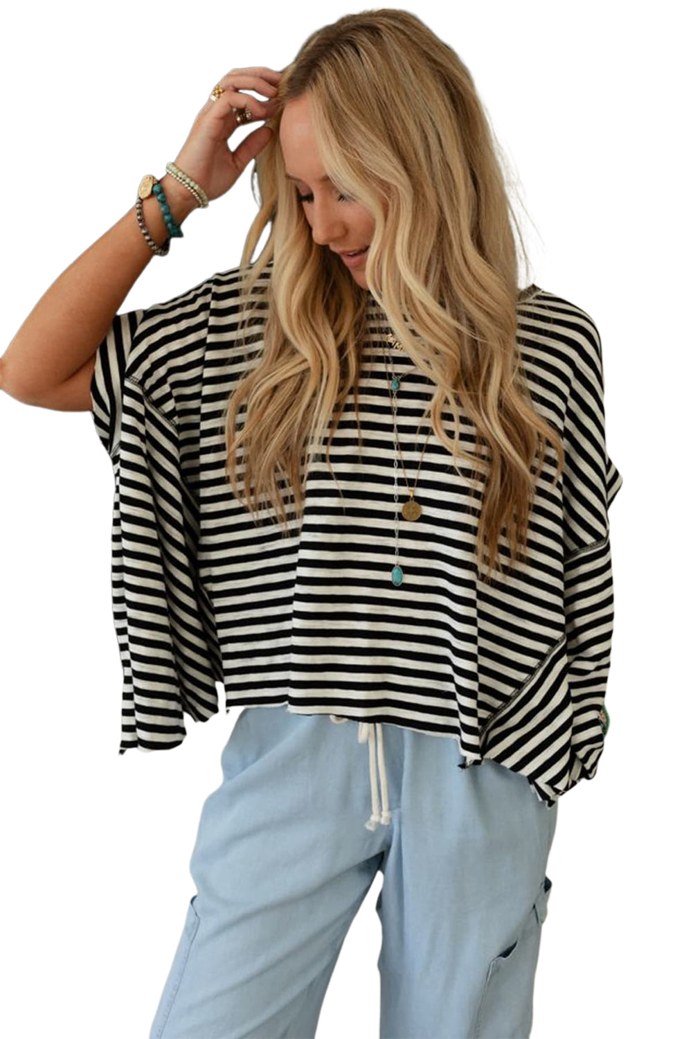 Khaki Striped Batwing Sleeve Oversized Top - Oversized T Shirt