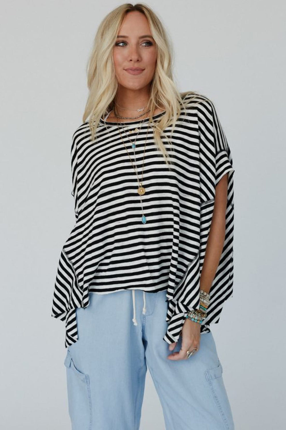 Khaki Striped Batwing Sleeve Oversized Top - Oversized T Shirt