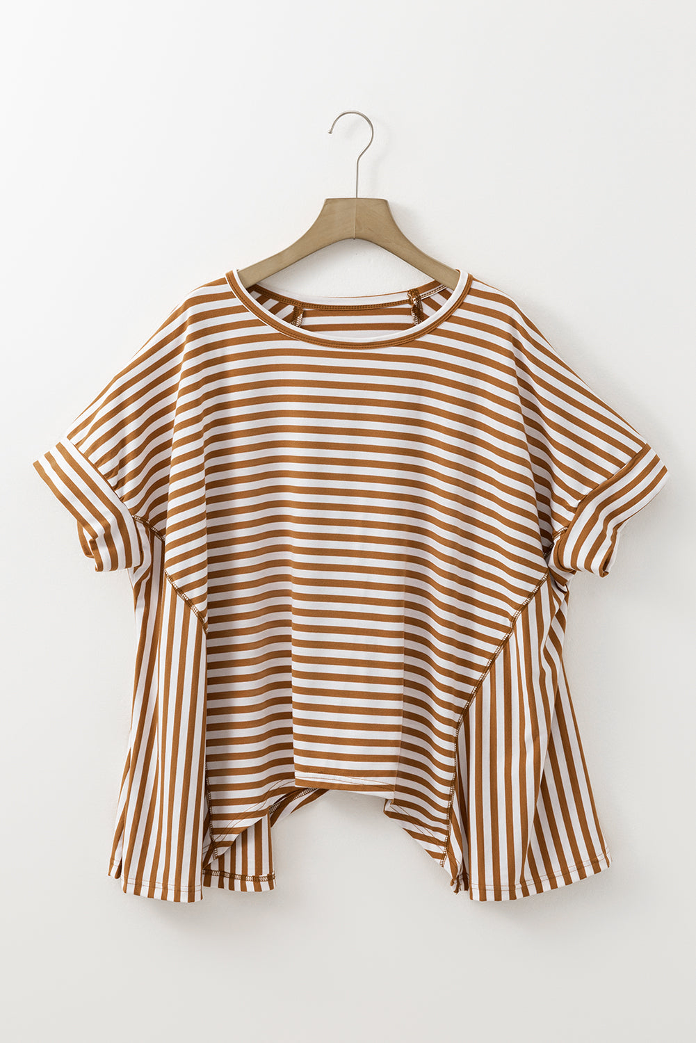 Khaki Striped Batwing Sleeve Oversized Top - Oversized T Shirt