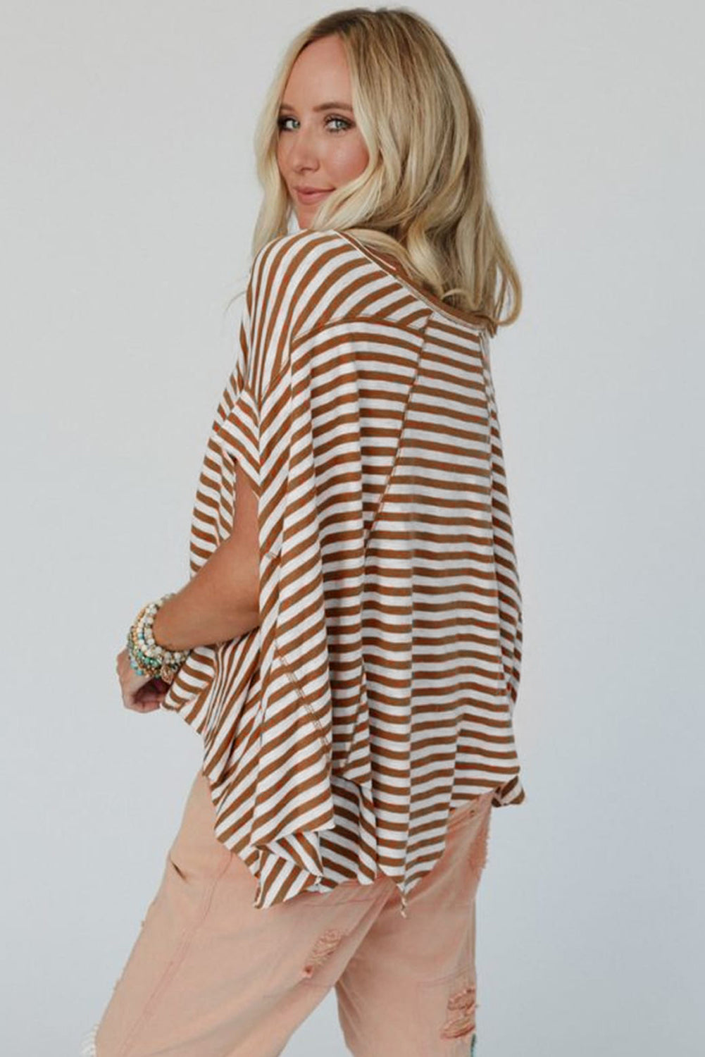 Khaki Striped Batwing Sleeve Oversized Top - Oversized T Shirt