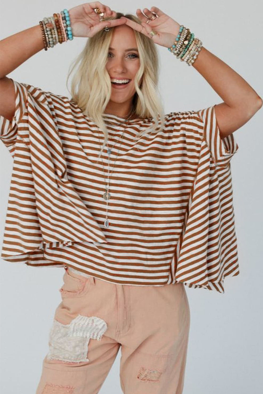 Khaki Striped Batwing Sleeve Oversized Top - Oversized T Shirt