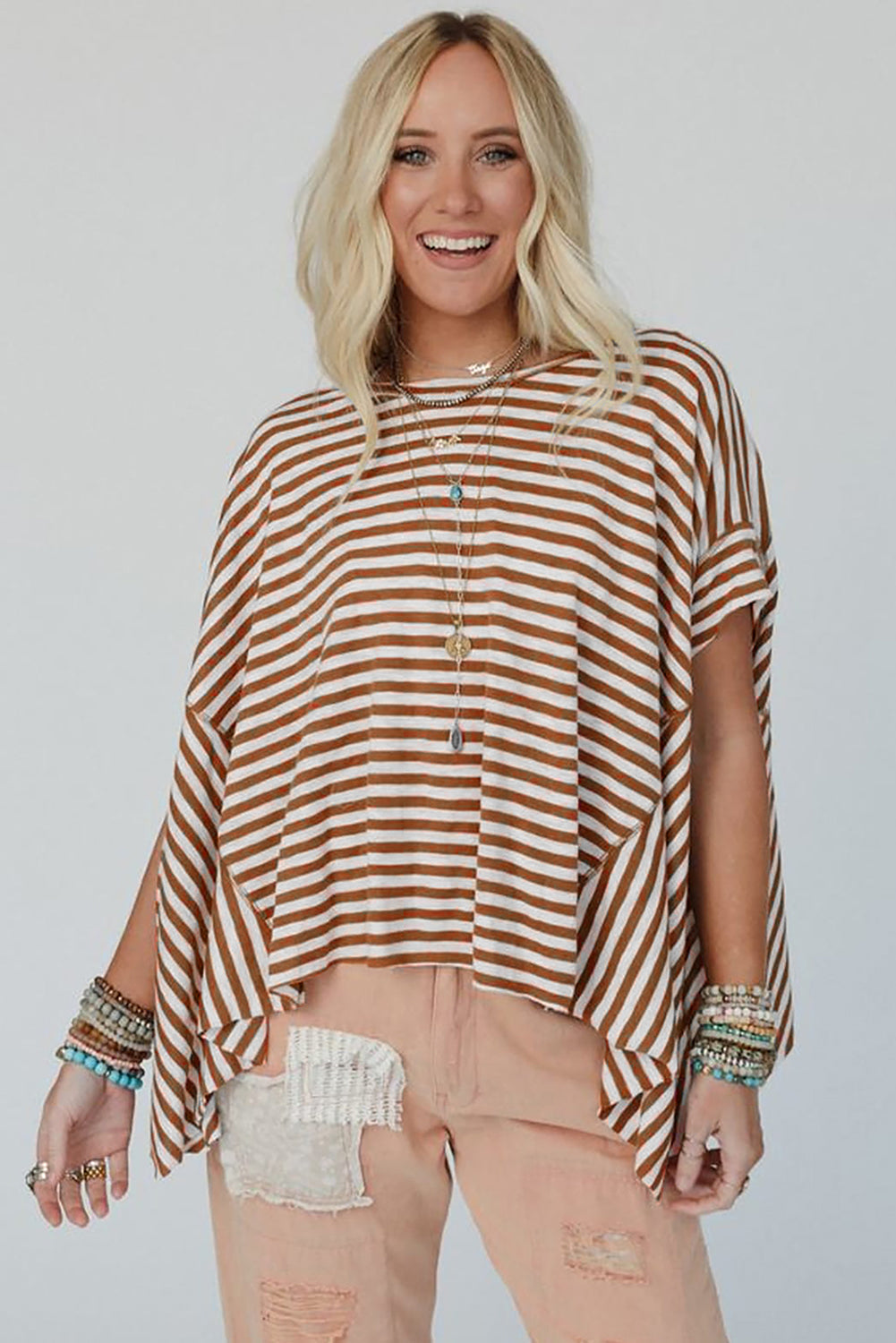 Khaki Striped Batwing Sleeve Oversized Top - Oversized T Shirt