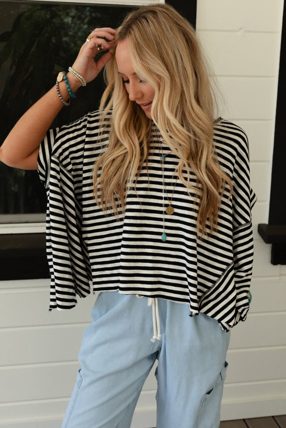 Khaki Striped Batwing Sleeve Oversized Top - Oversized T Shirt