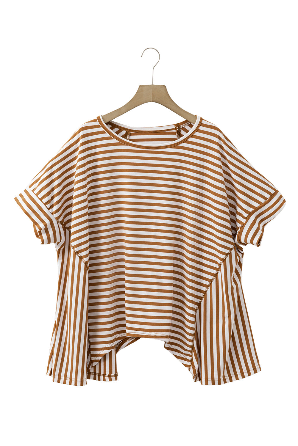 Khaki Striped Batwing Sleeve Oversized Top - Oversized T Shirt