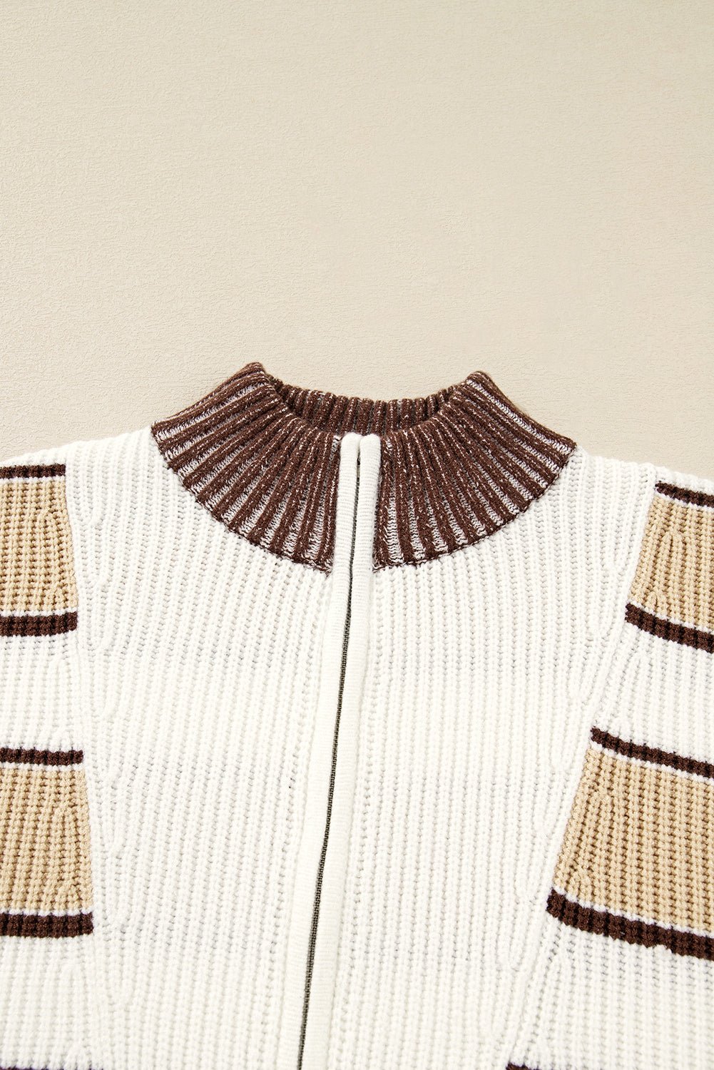 Khaki Striped Colorblock Zip Neck Knit Sweater - MAD RUFFI
