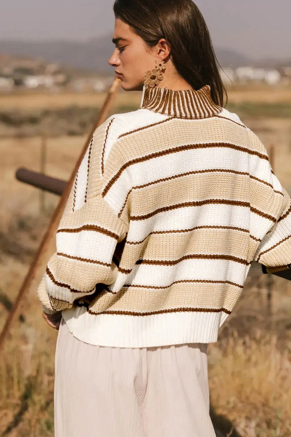 Khaki Striped Colorblock Zip Neck Knit Sweater - MAD RUFFI