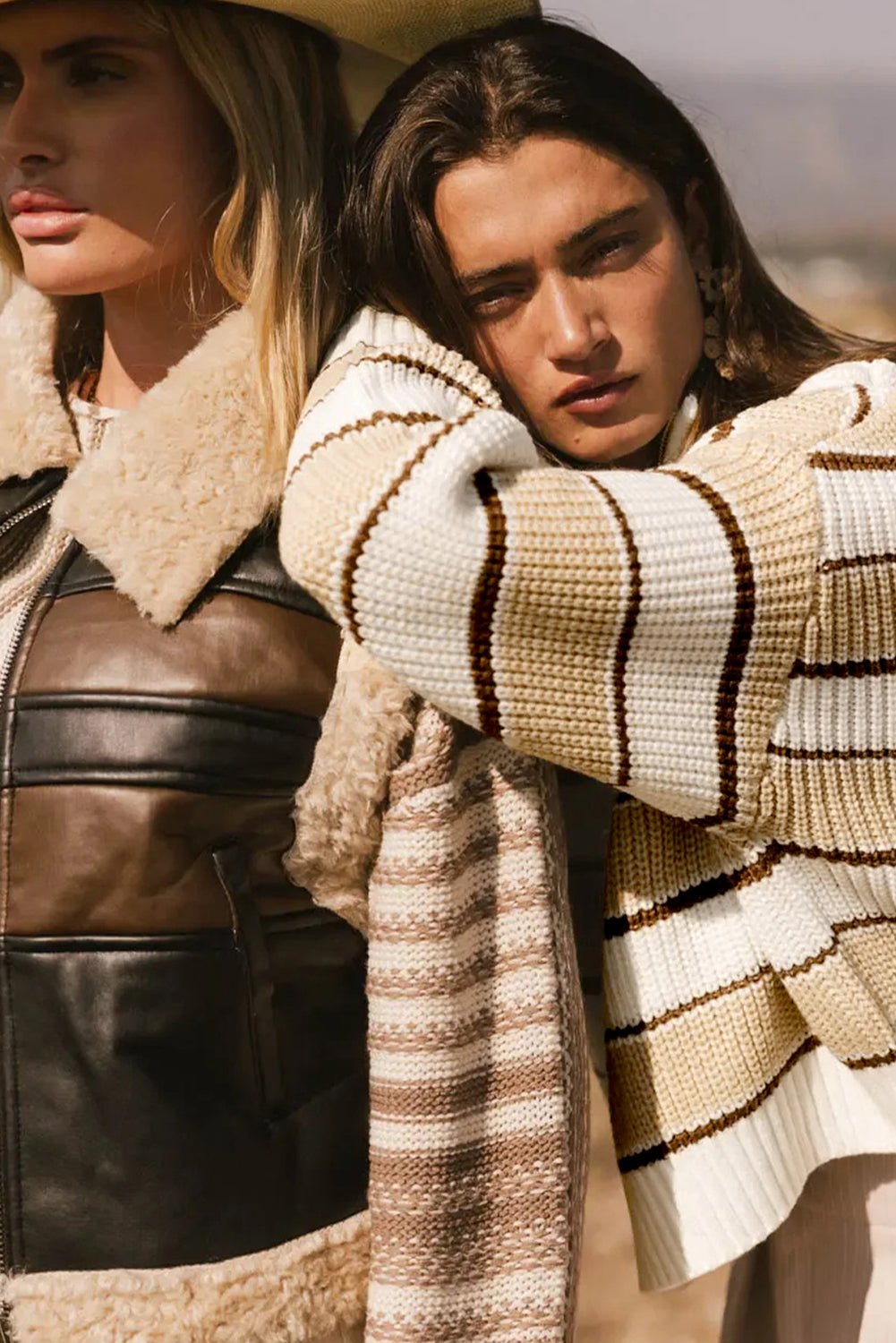 Khaki Striped Colorblock Zip Neck Knit Sweater - MAD RUFFI