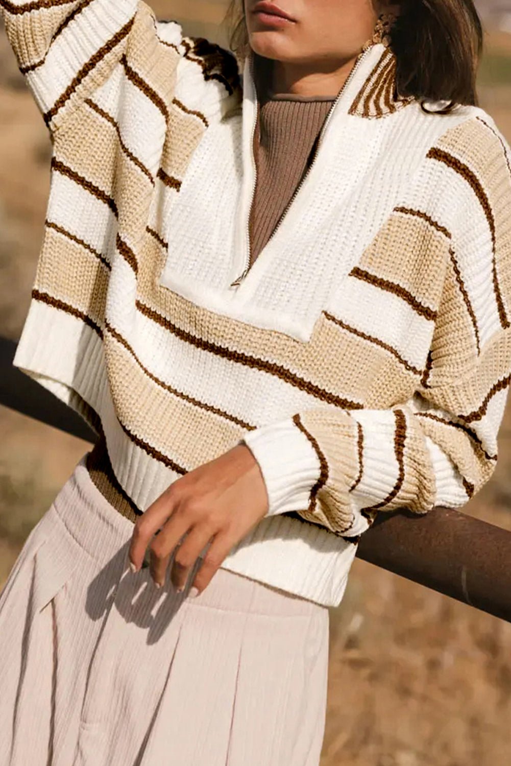 Khaki Striped Colorblock Zip Neck Knit Sweater - MAD RUFFI