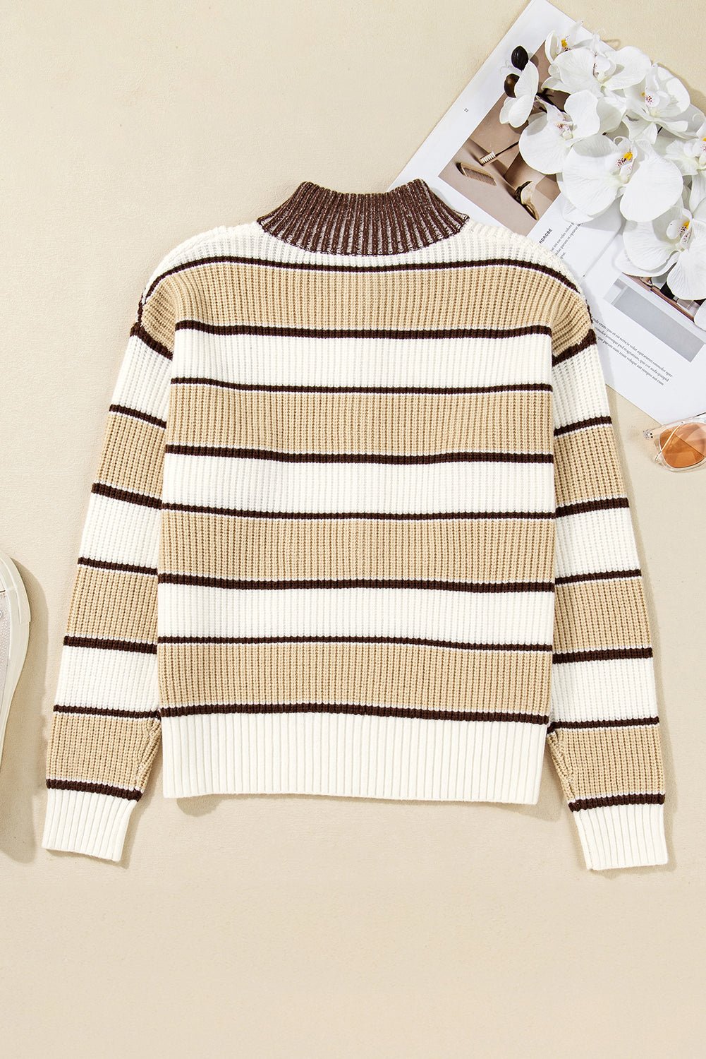 Khaki Striped Colorblock Zip Neck Knit Sweater - MAD RUFFI