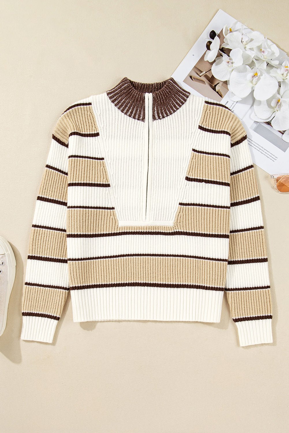 Khaki Striped Colorblock Zip Neck Knit Sweater - MAD RUFFI