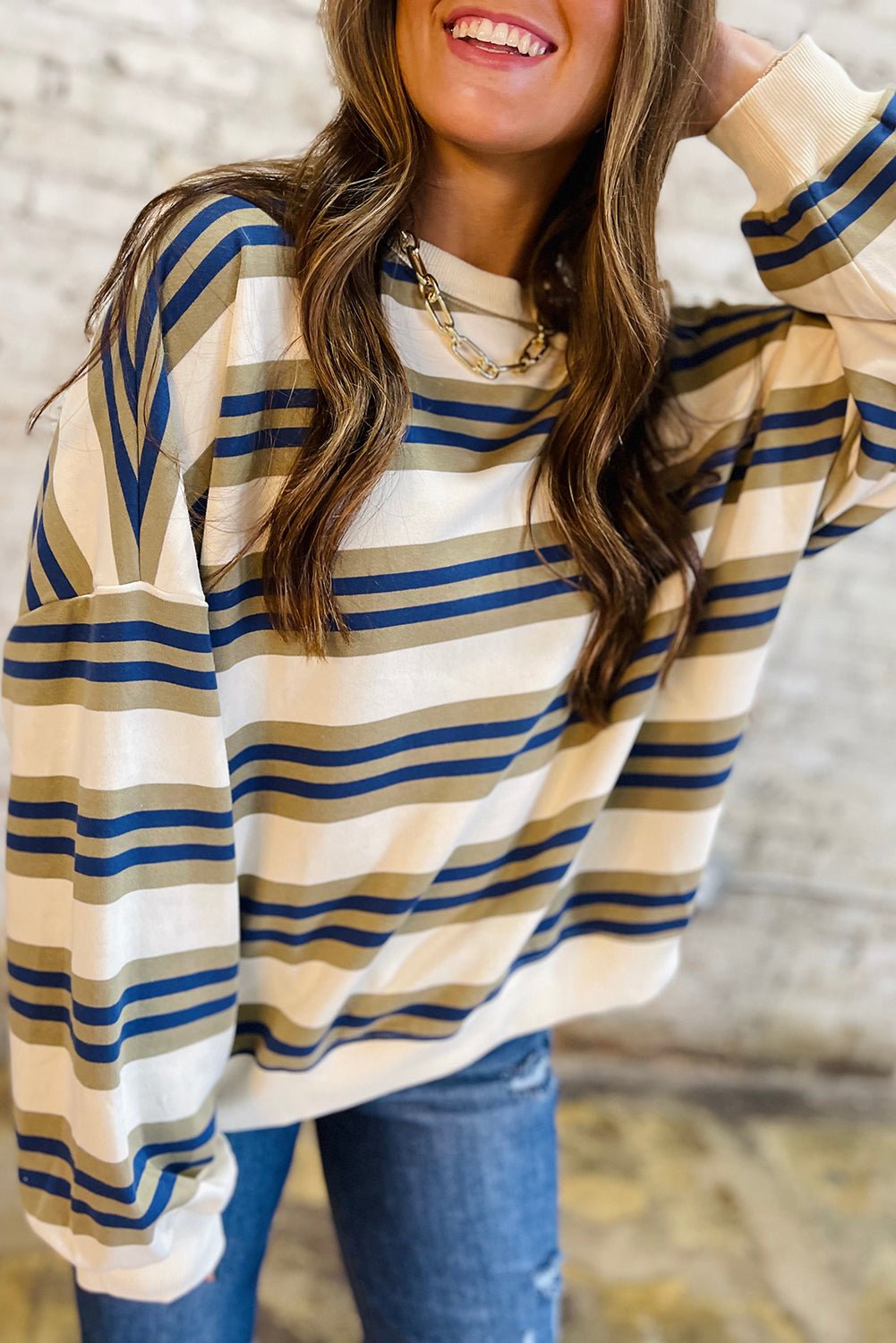 khaki striped crew neck drop shoulder pullover sweatshirt - MAD RUFFI