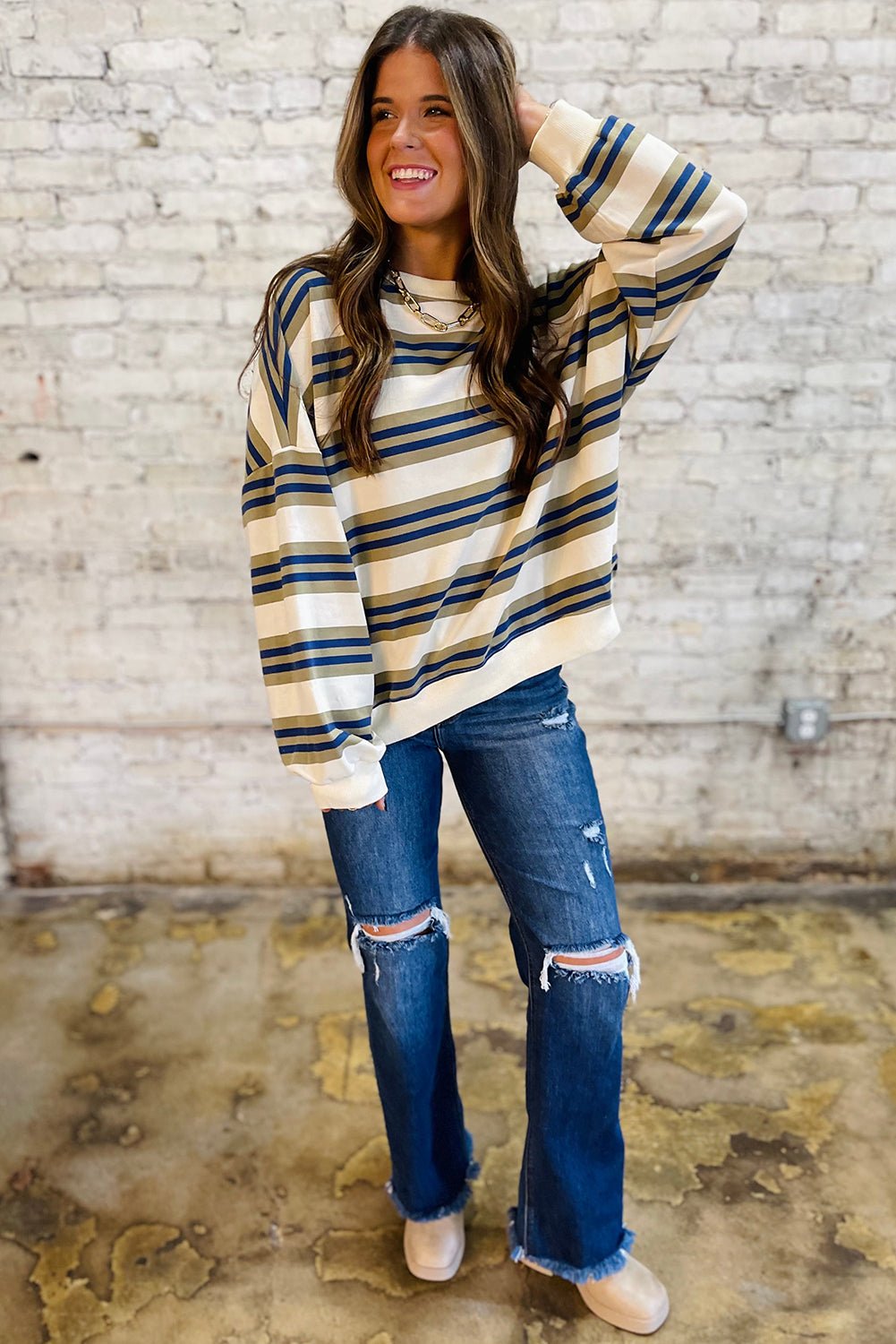 khaki striped crew neck drop shoulder pullover sweatshirt - MAD RUFFI
