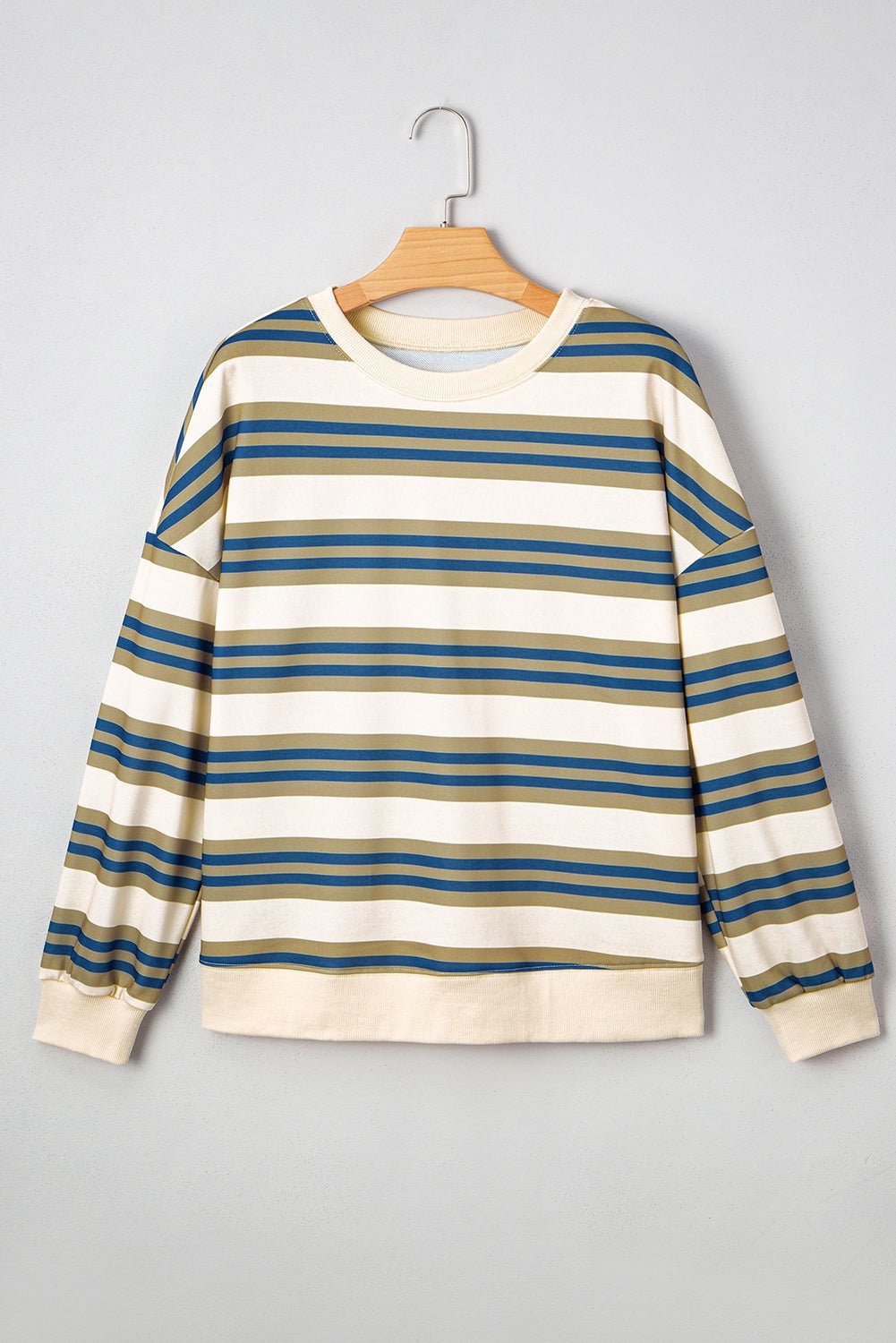 khaki striped crew neck drop shoulder pullover sweatshirt - MAD RUFFI