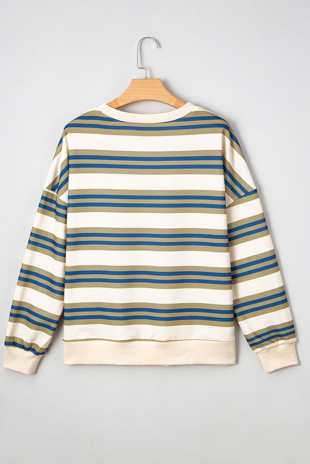 khaki striped crew neck drop shoulder pullover sweatshirt - MAD RUFFI