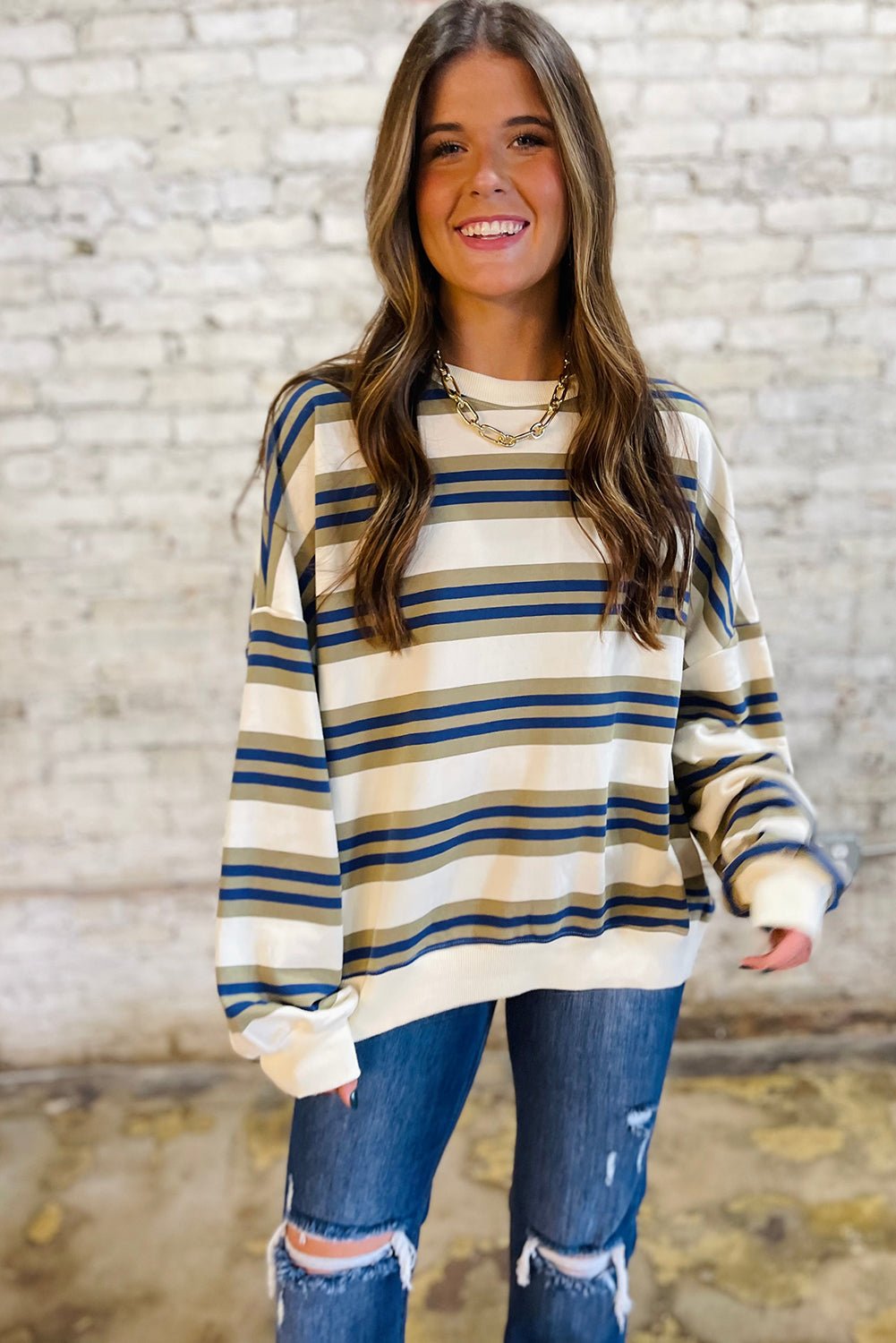khaki striped crew neck drop shoulder pullover sweatshirt - MAD RUFFI