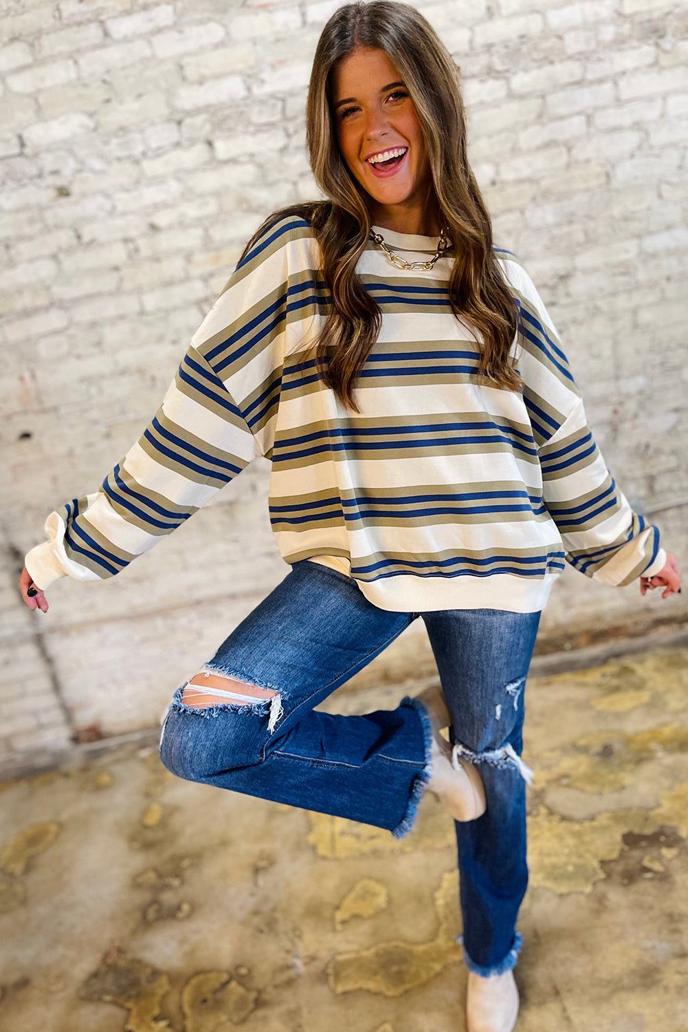 khaki striped crew neck drop shoulder pullover sweatshirt - MAD RUFFI