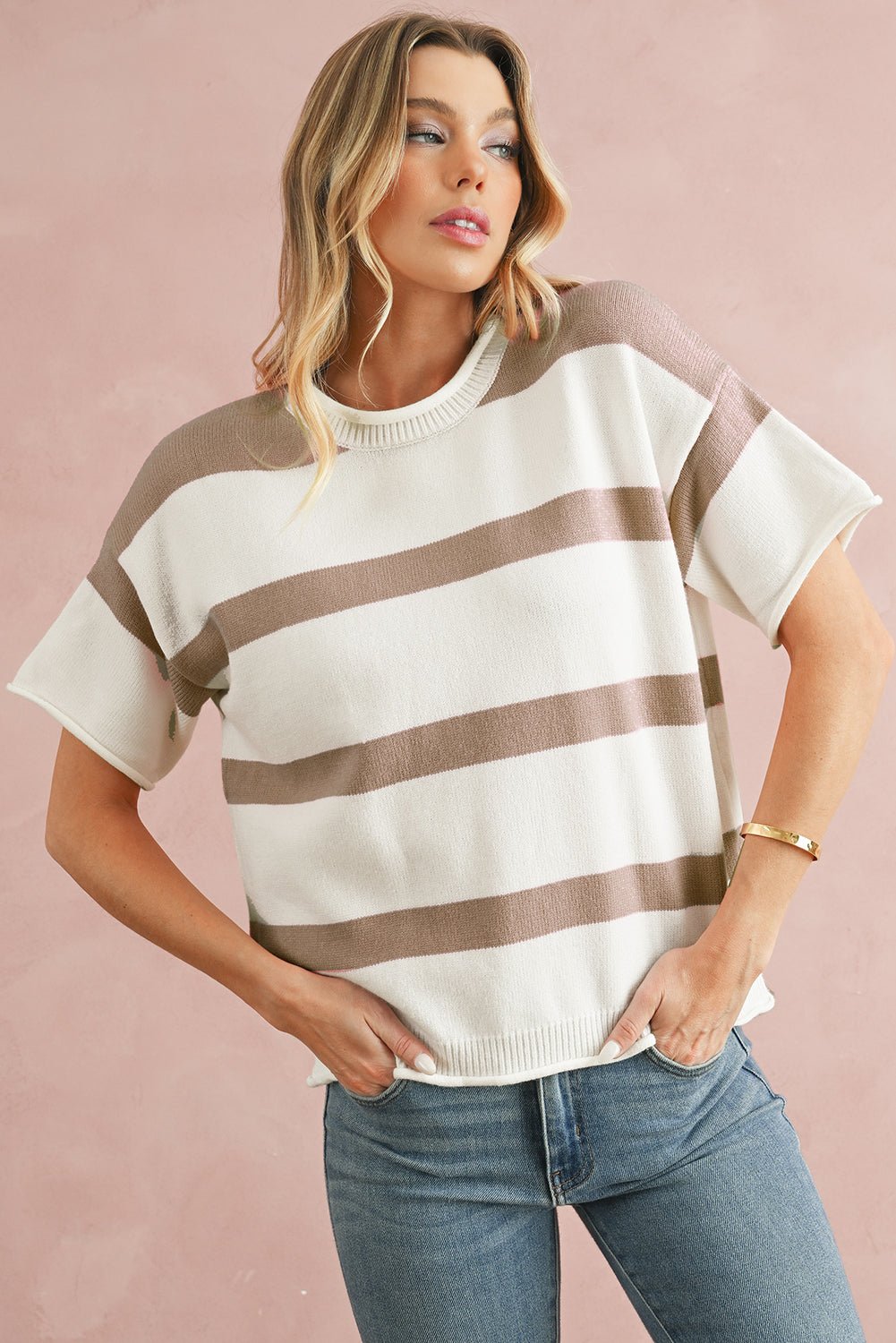 Khaki Striped Drop Shoulder Knitted Top - MAD RUFFI