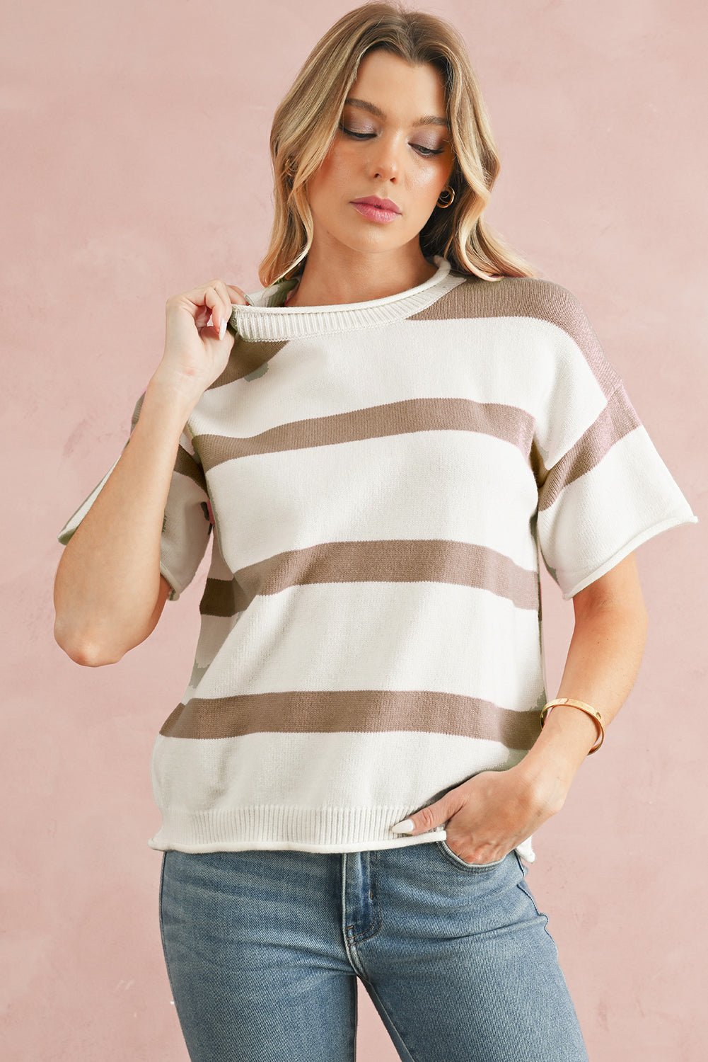 Khaki Striped Drop Shoulder Knitted Top - MAD RUFFI