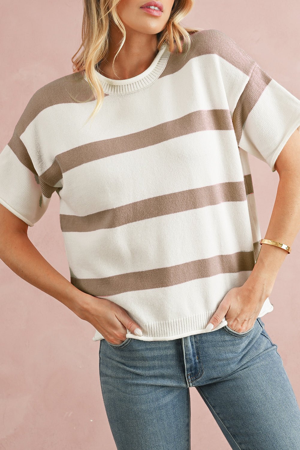 Khaki Striped Drop Shoulder Knitted Top - MAD RUFFI