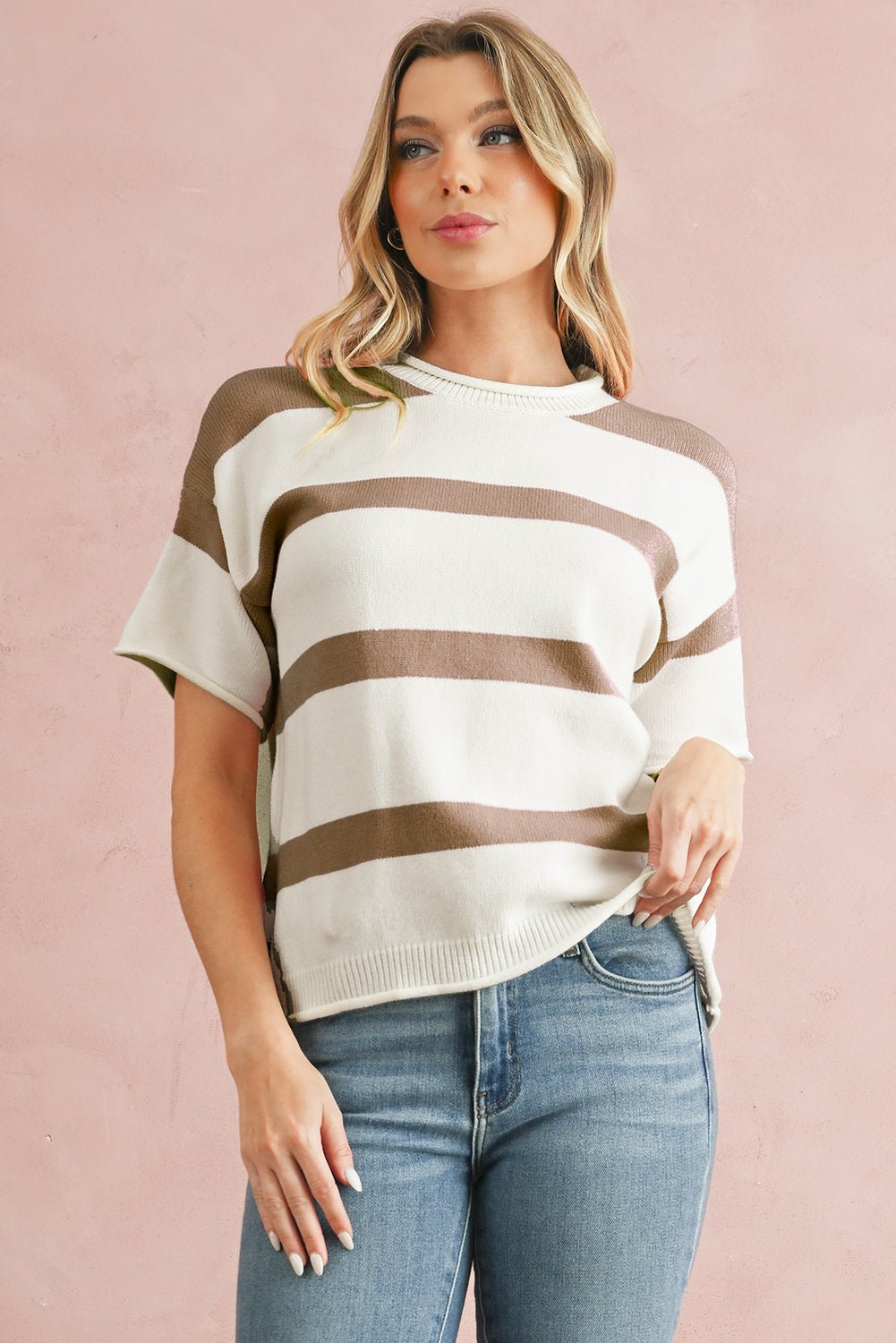 Khaki Striped Drop Shoulder Knitted Top - MAD RUFFI