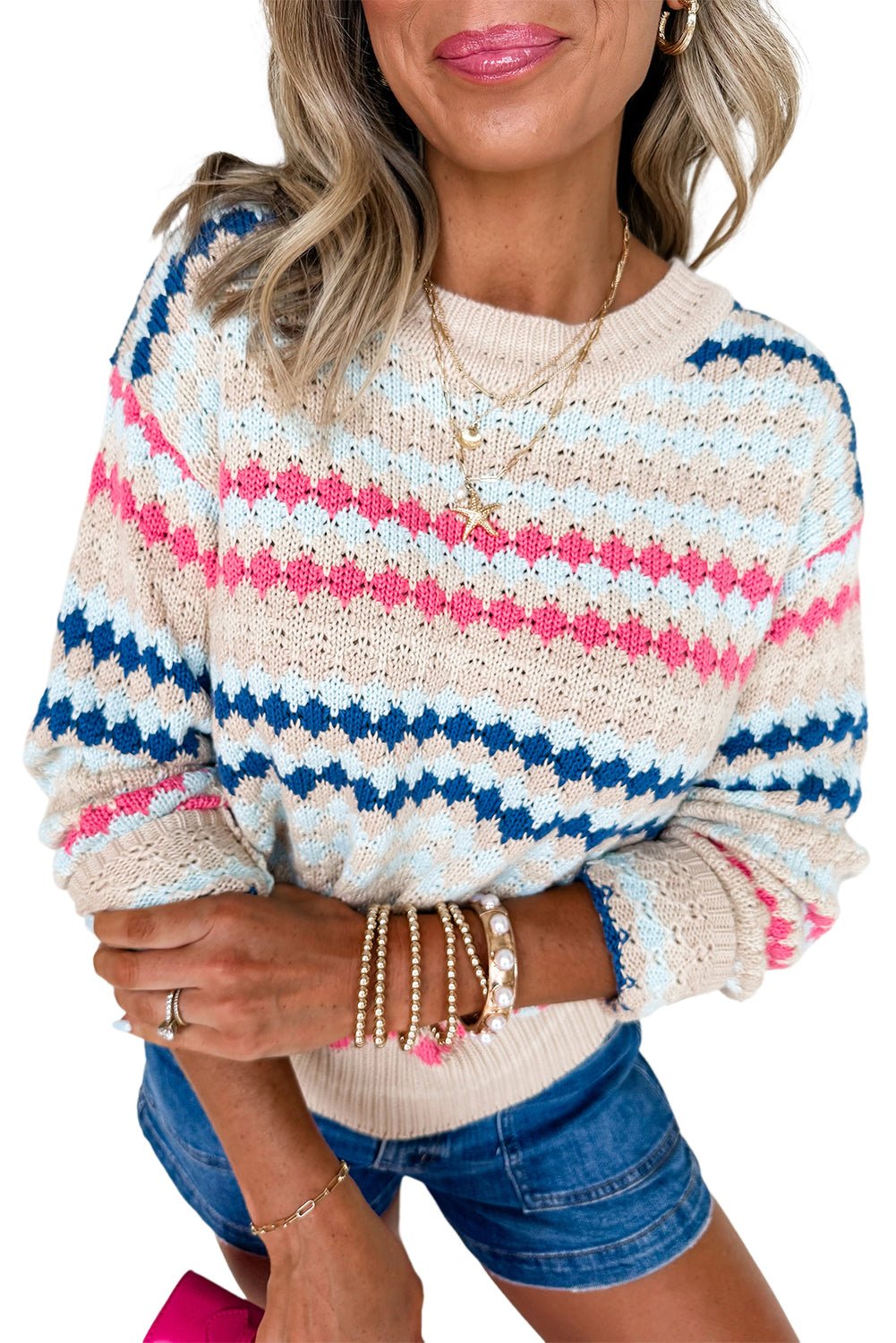 Khaki Striped Eyelet Pattern Drop Shoulder Sweater - MAD RUFFI