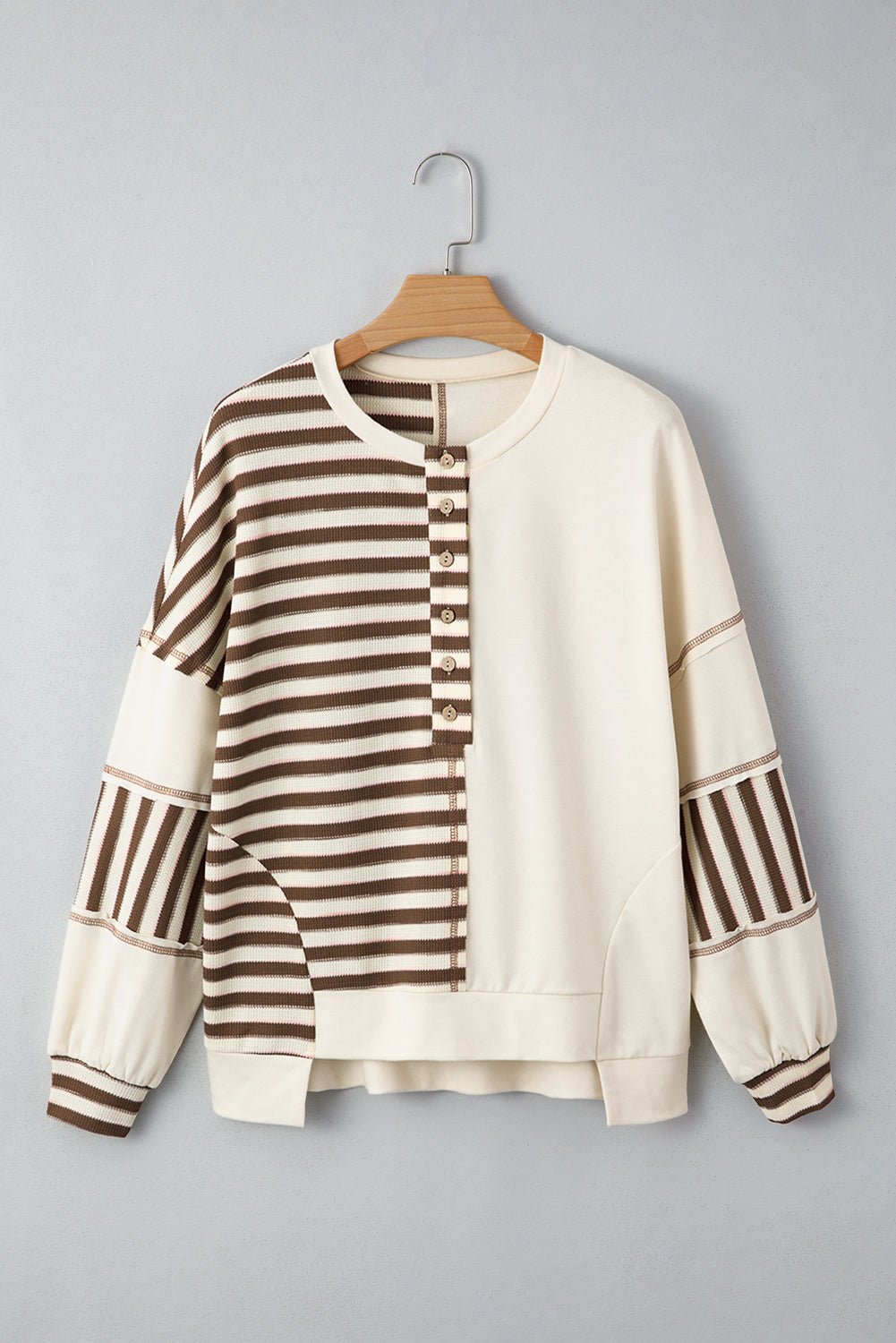 Khaki Striped Patchwork Oversized Pullover Top - MAD RUFFI