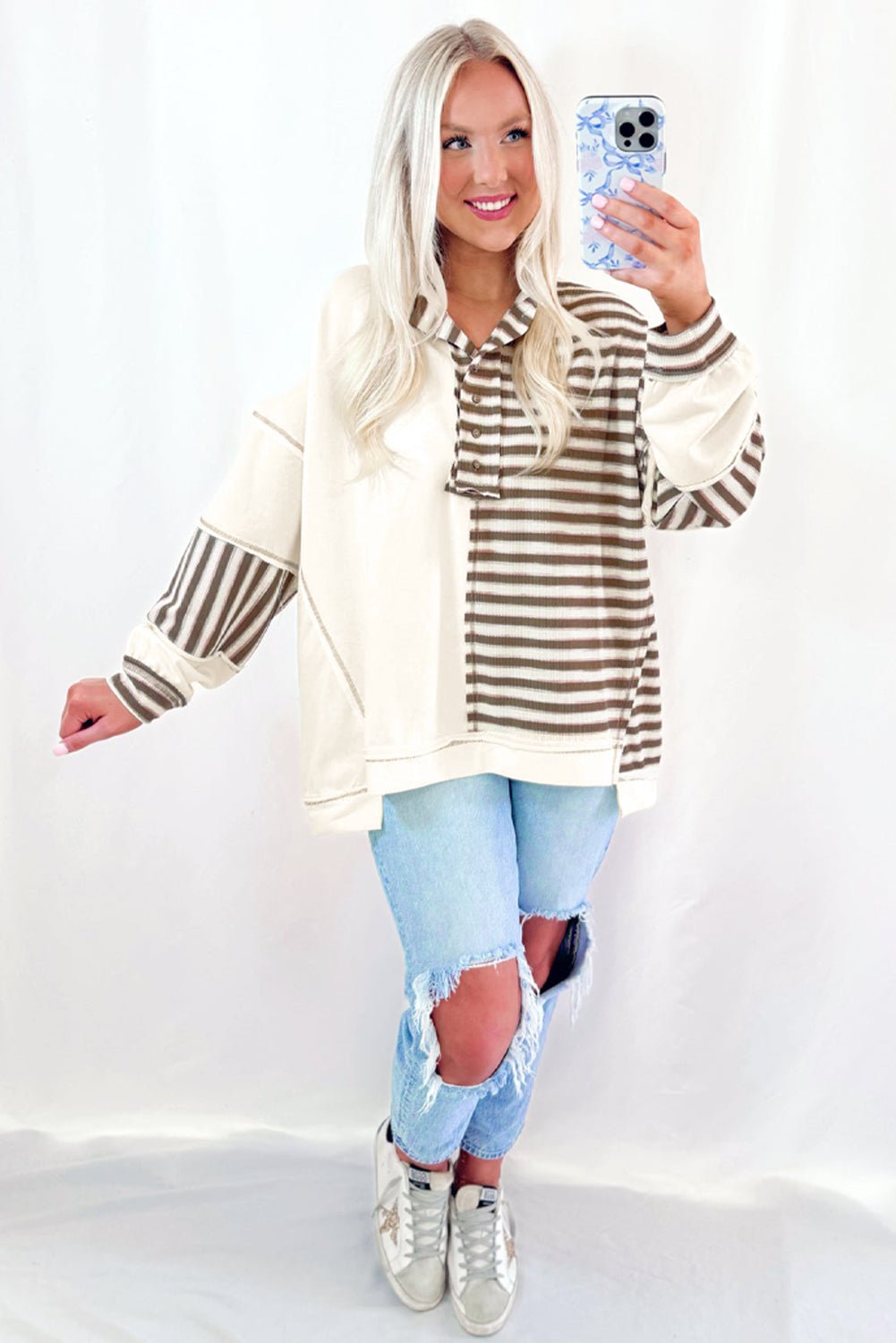 Khaki Striped Patchwork Oversized Pullover Top - MAD RUFFI