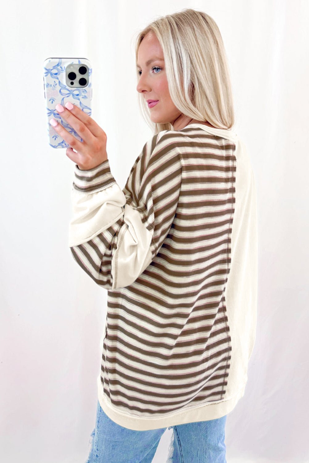 Khaki Striped Patchwork Oversized Pullover Top - MAD RUFFI