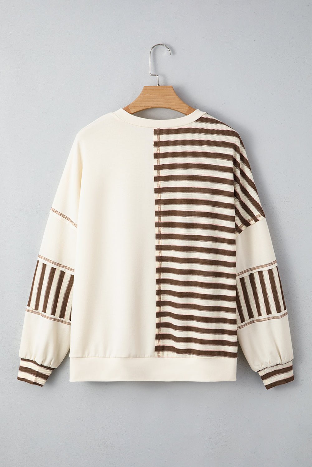 Khaki Striped Patchwork Oversized Pullover Top - MAD RUFFI