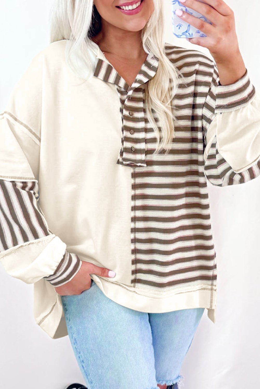 Khaki Striped Patchwork Oversized Pullover Top - MAD RUFFI