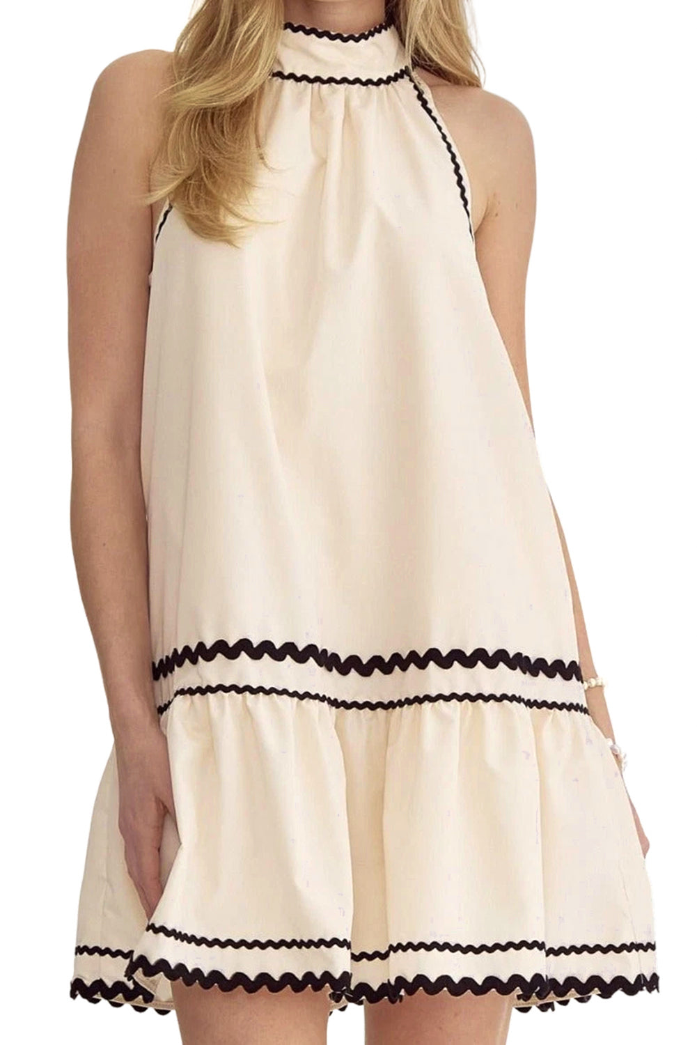 Khaki Striped Ricrac Sleeveless Mini Dress - MAD RUFFI