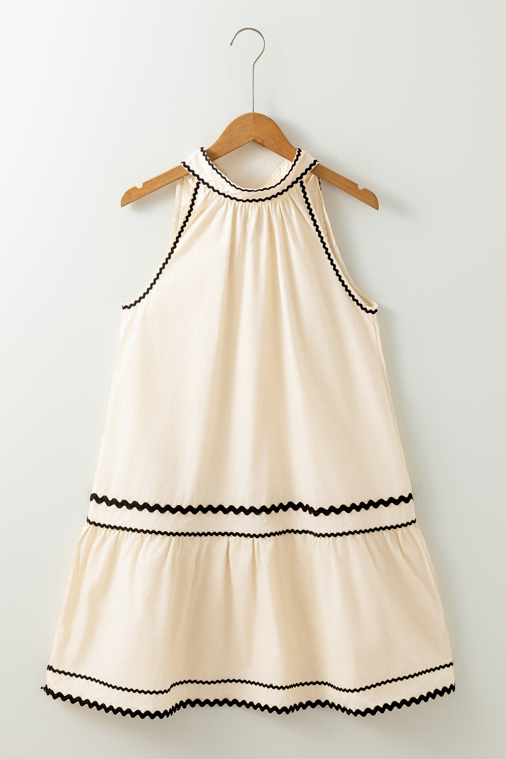 Khaki Striped Ricrac Sleeveless Mini Dress - MAD RUFFI