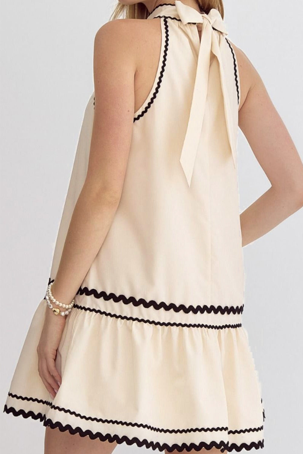 Khaki Striped Ricrac Sleeveless Mini Dress - MAD RUFFI