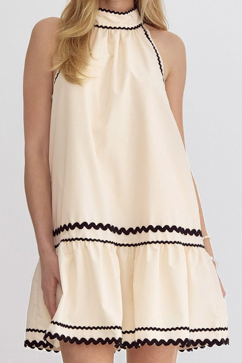 Khaki Striped Ricrac Sleeveless Mini Dress - MAD RUFFI