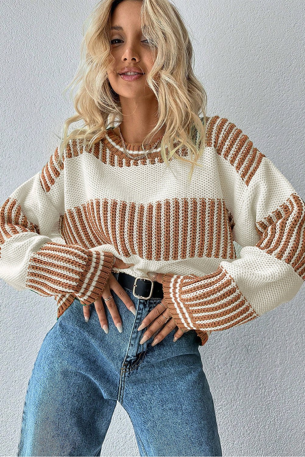 Khaki Two Tone Striped Patchwork Drop Shoulder Sweater - MAD RUFFI