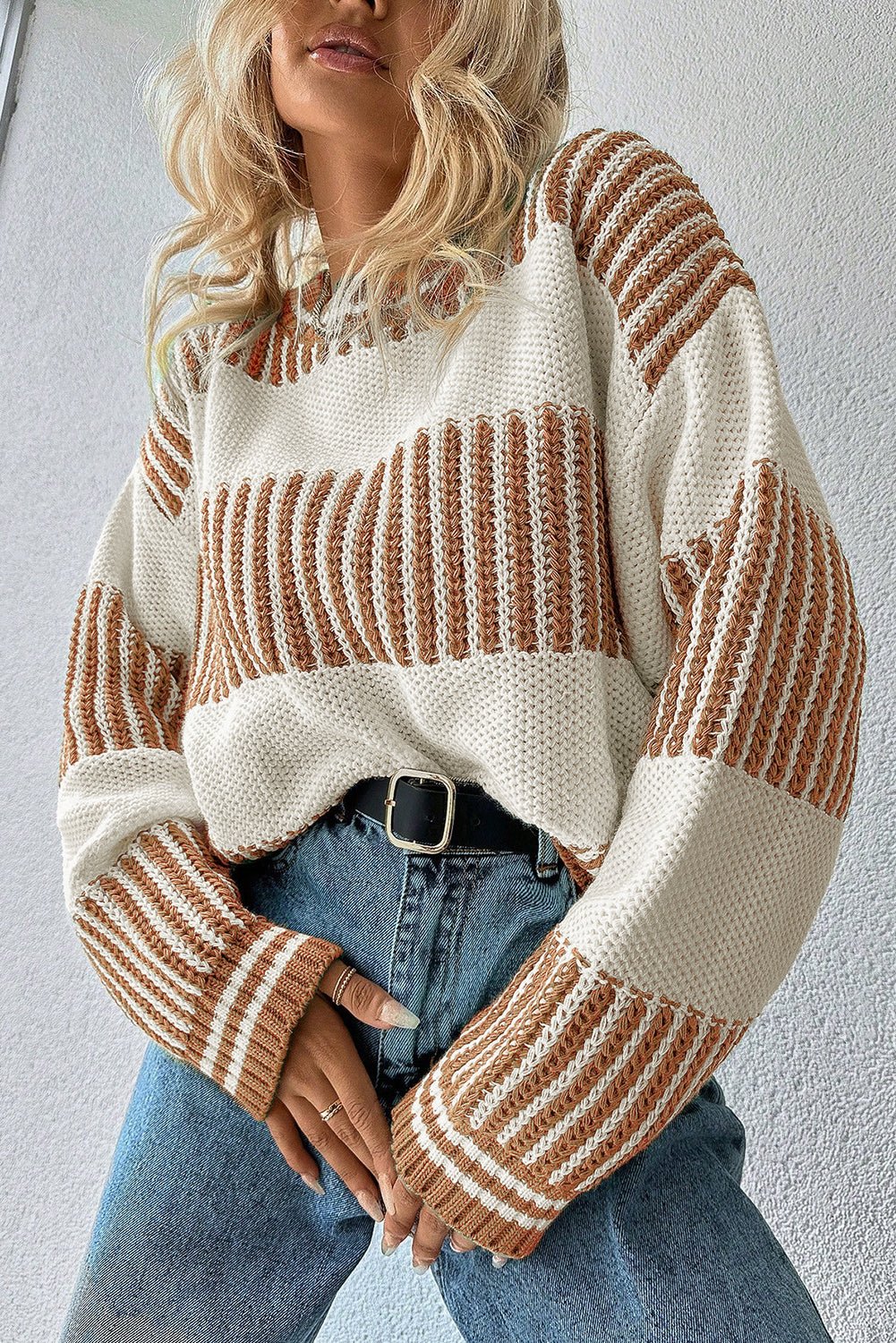 Khaki Two Tone Striped Patchwork Drop Shoulder Sweater - MAD RUFFI