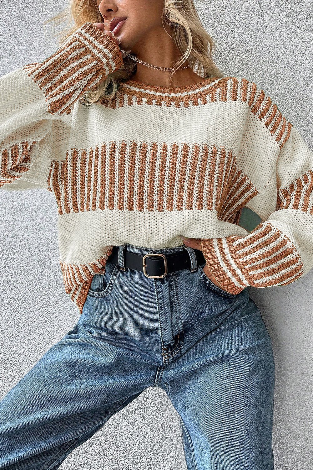 Khaki Two Tone Striped Patchwork Drop Shoulder Sweater - MAD RUFFI