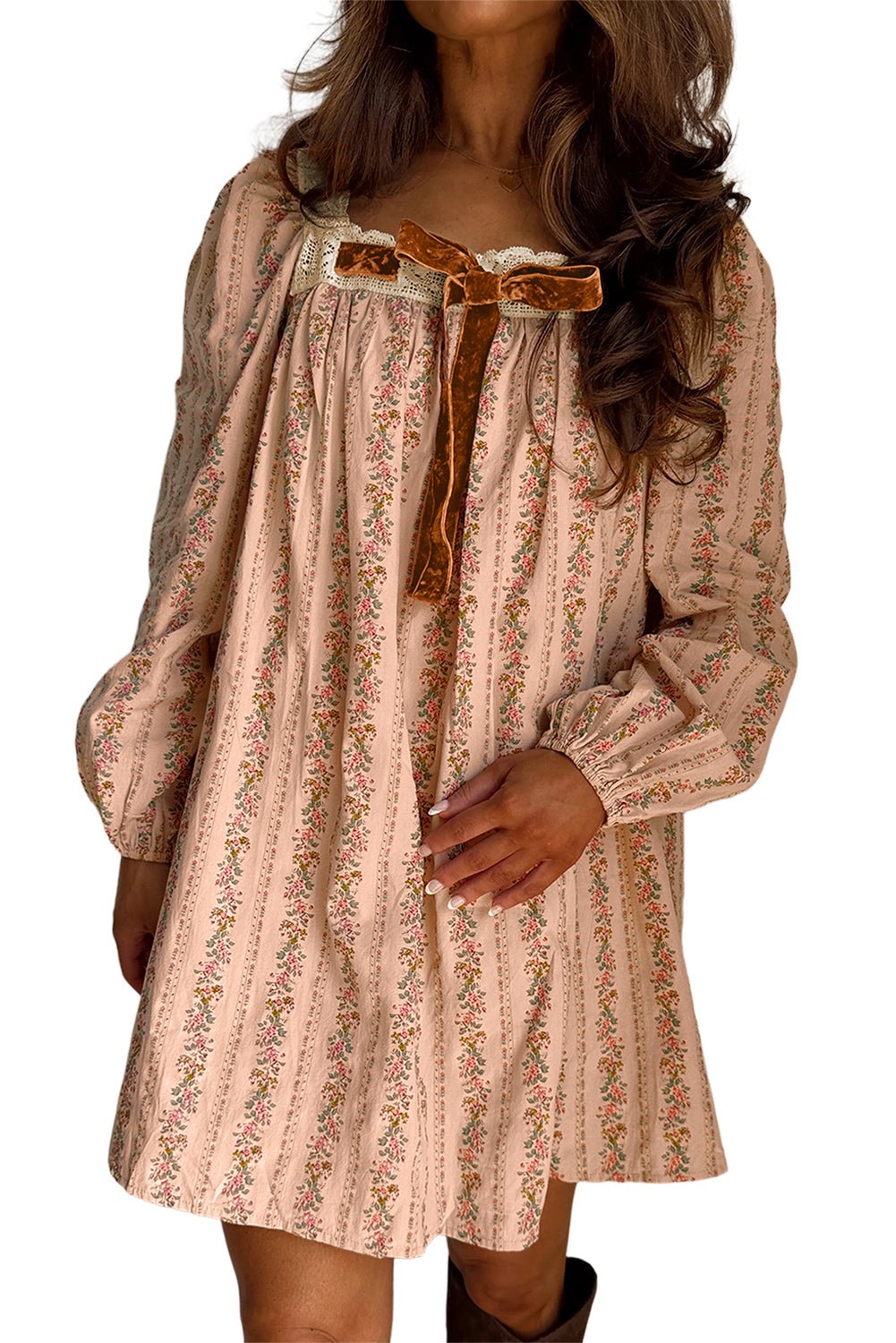 Khaki Velvet Bow Front Floral Print Long Sleeve Short Dress - MAD RUFFI