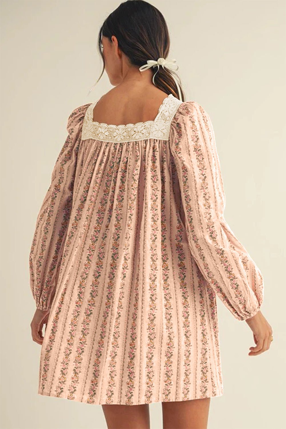 Khaki Velvet Bow Front Floral Print Long Sleeve Short Dress - MAD RUFFI