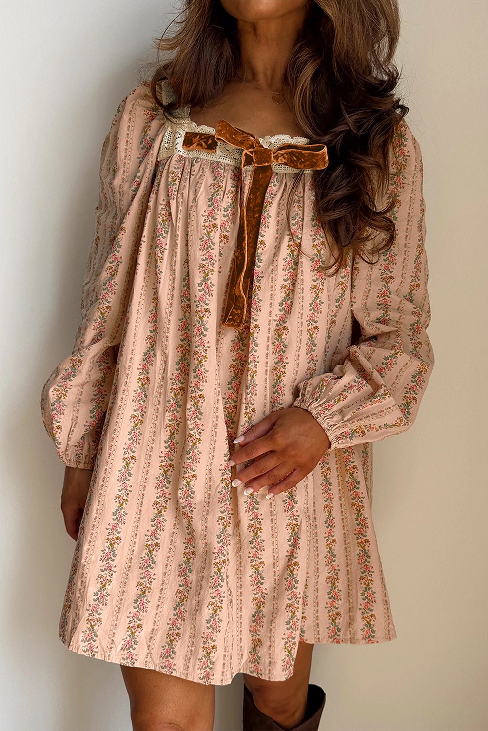 Khaki Velvet Bow Front Floral Print Long Sleeve Short Dress - MAD RUFFI