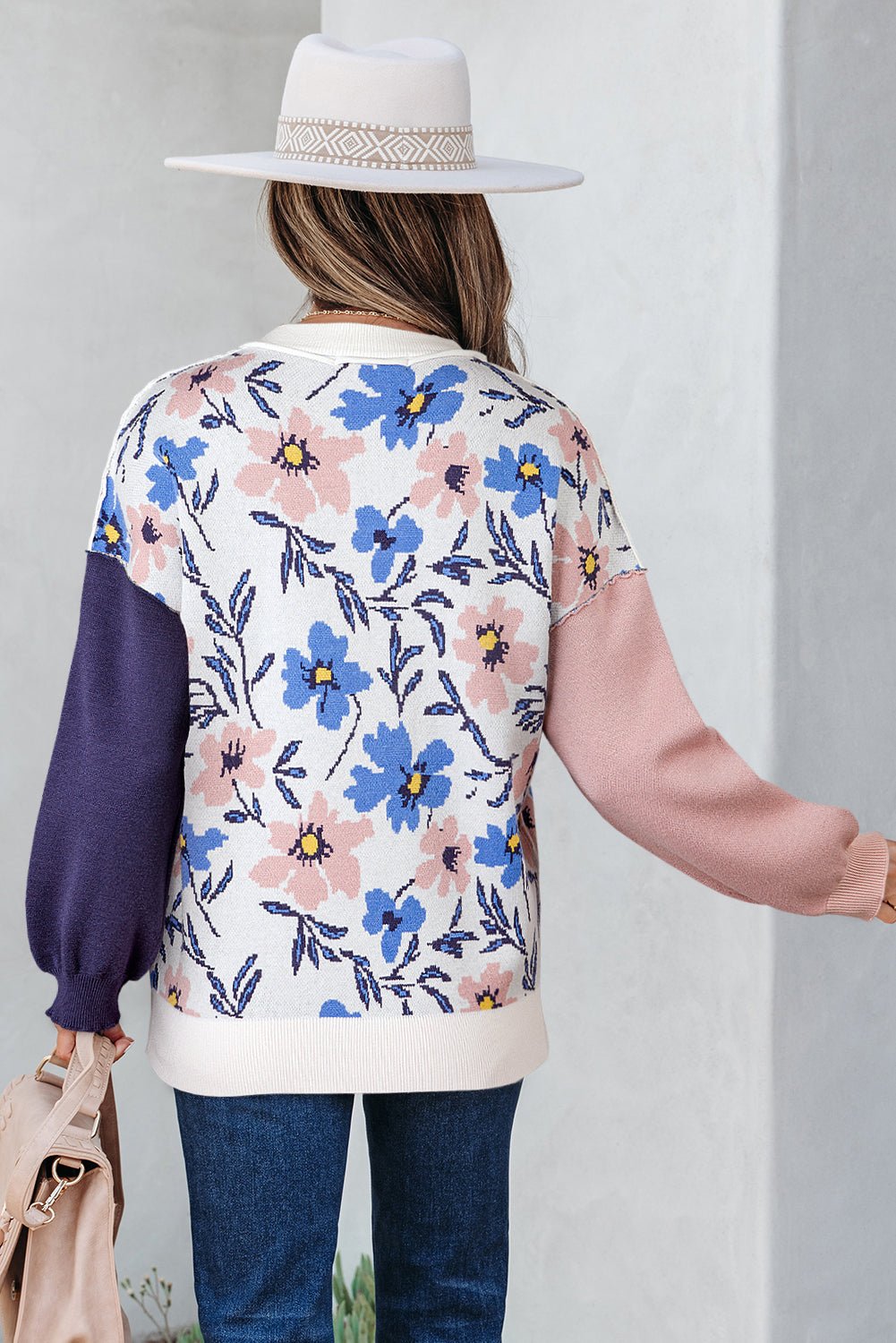 Khaki Vibrant Floral Contrast Colorblock Sleeve Pullover Sweater - MAD RUFFI