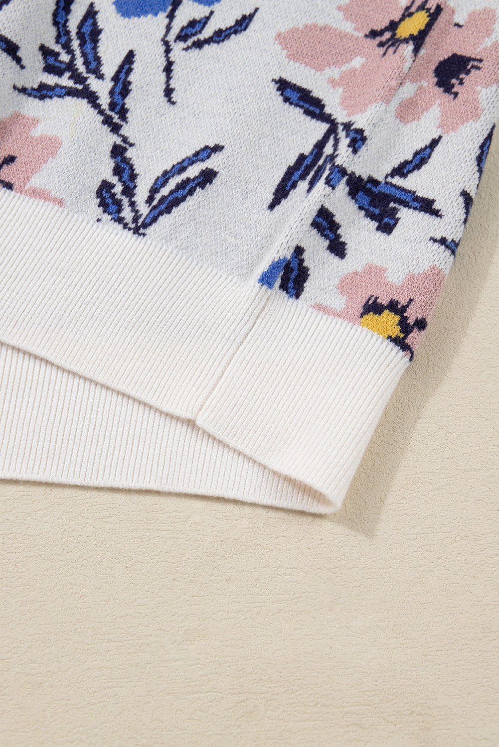 Khaki Vibrant Floral Contrast Colorblock Sleeve Pullover Sweater - MAD RUFFI