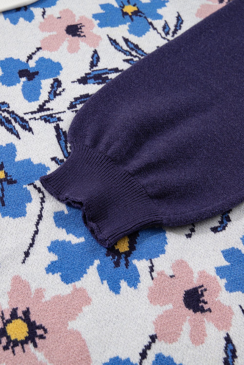 Khaki Vibrant Floral Contrast Colorblock Sleeve Pullover Sweater - MAD RUFFI