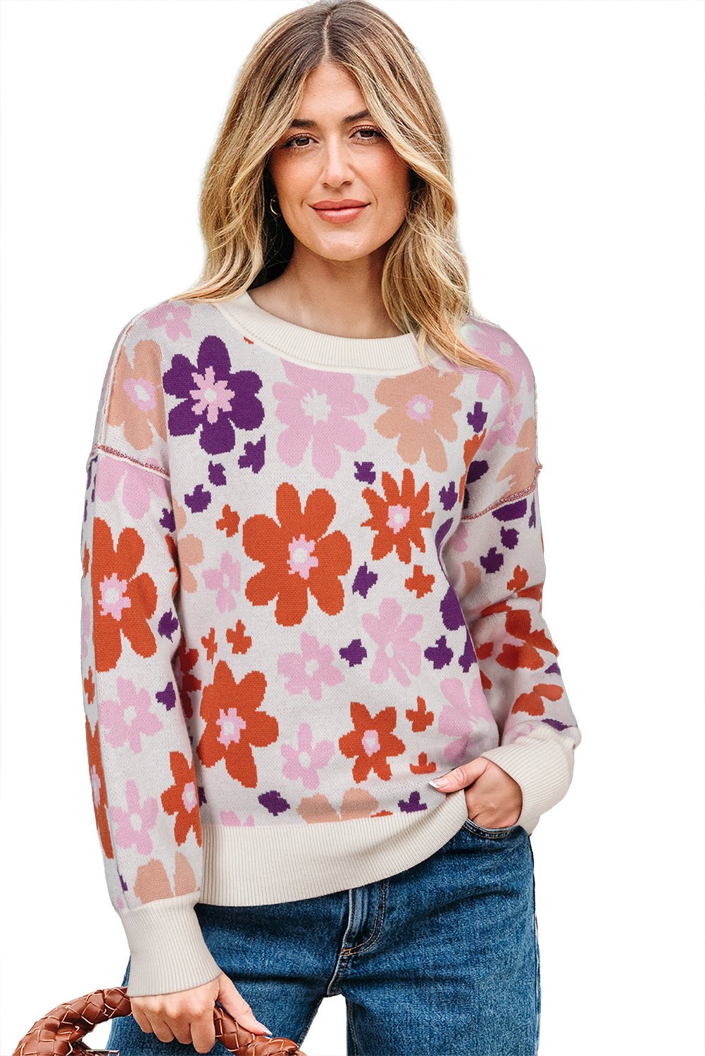 Khaki Vibrant Flower Round Neck Drop Sleeve Sweater - MAD RUFFI