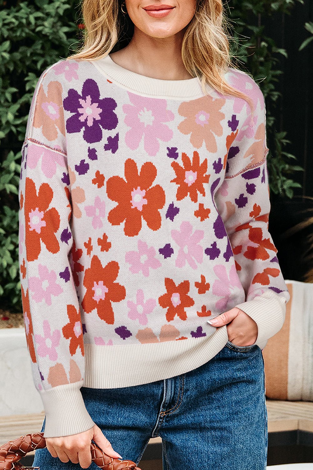 Khaki Vibrant Flower Round Neck Drop Sleeve Sweater - MAD RUFFI
