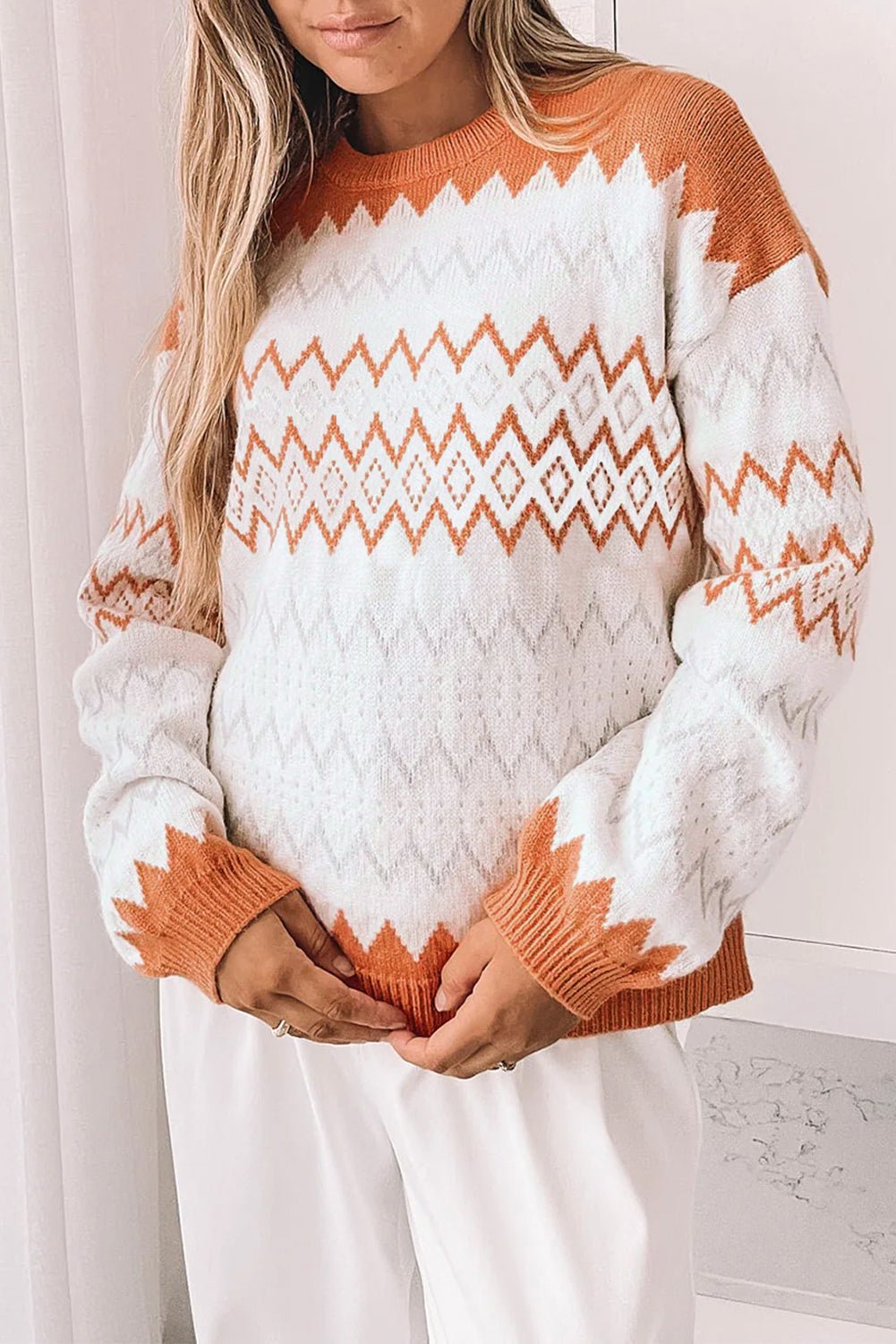 Khaki Zigzag Geometric Pattern Knitted Pullover Sweater - MAD RUFFI